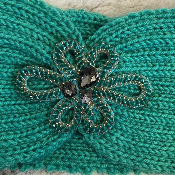 NWT! Green knit headband OS bling beaded rhinestones romantic quiet luxury fall - Picture 7 of 10